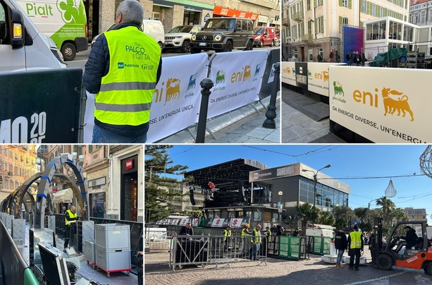 Sanremo si veste di Festival: cartelloni in via Roma e sul Green Enicarpet. In piazza Colombo il Suzuki Stage è pronto al debutto (Foto)